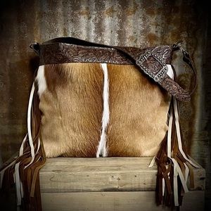 Springbok hide with Brown and White Fringe Leather Bag
